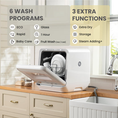COMFEE' Table Top Dishwasher, Mini Countertop Dishwasher with 6+3 Programs, Steam Wash, Baby Care & Fruit Wash, No plumbing, Delay Start, 72H Storage - White