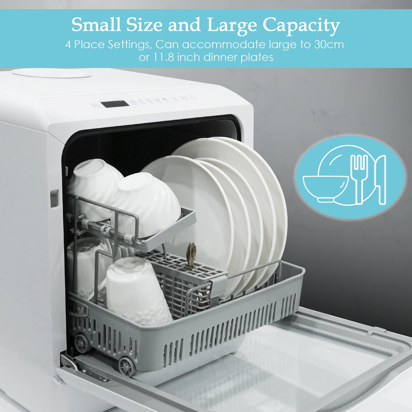 Table Top Dishwasher, Mini Countertop Dishwasher Portable, 6 Programs, Built-in 5L Water Tank, 4 Place Settings, Touch Control, LED Display, Fruit Wash, No Installation, White