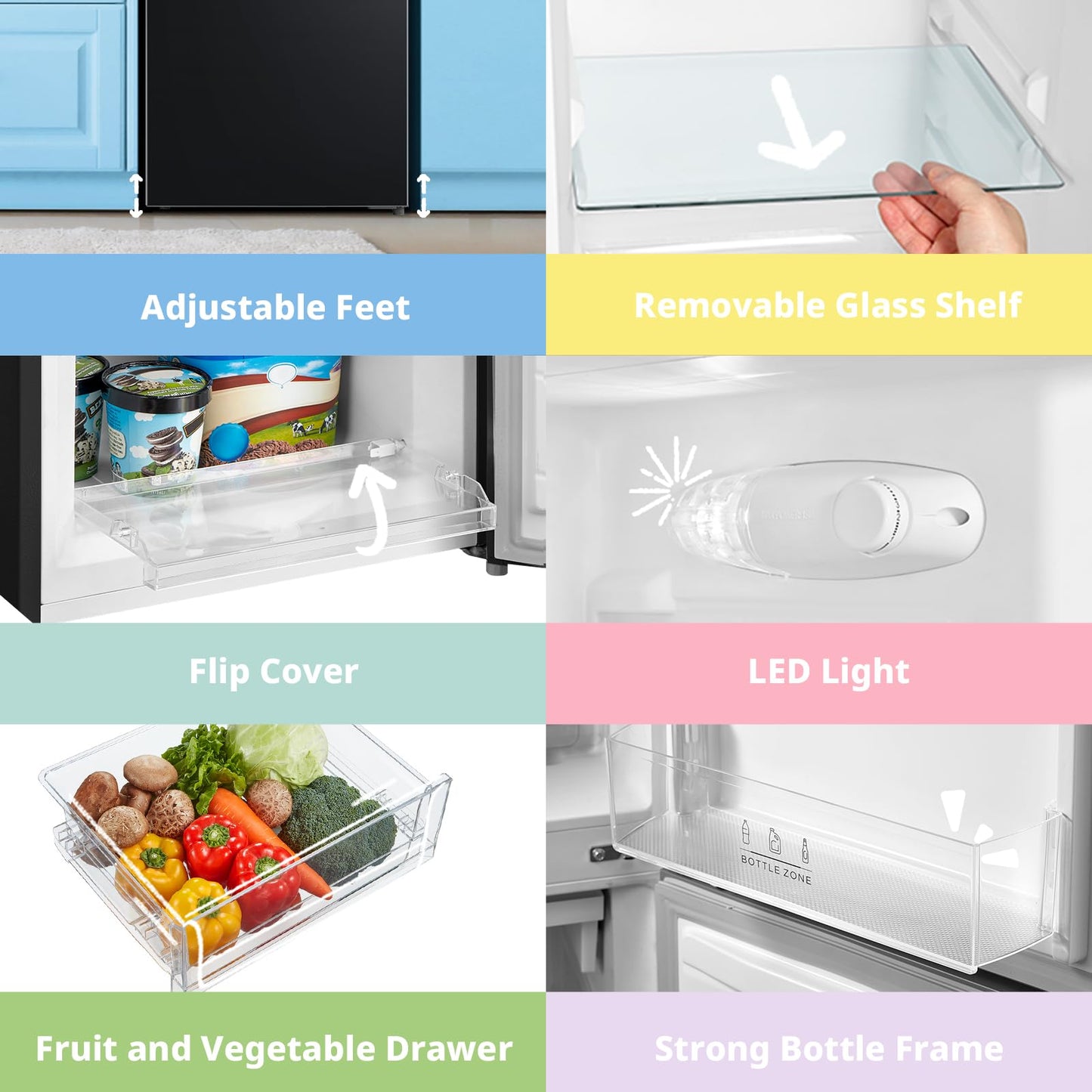 COMFEE' RCB169BL2UK(E) 174 Litre Freestanding Fridge Freezer, Low Frost, Adjustable thermostat, Energy Saving LED lights, Reversible Door Hinge, Low Noise- Black