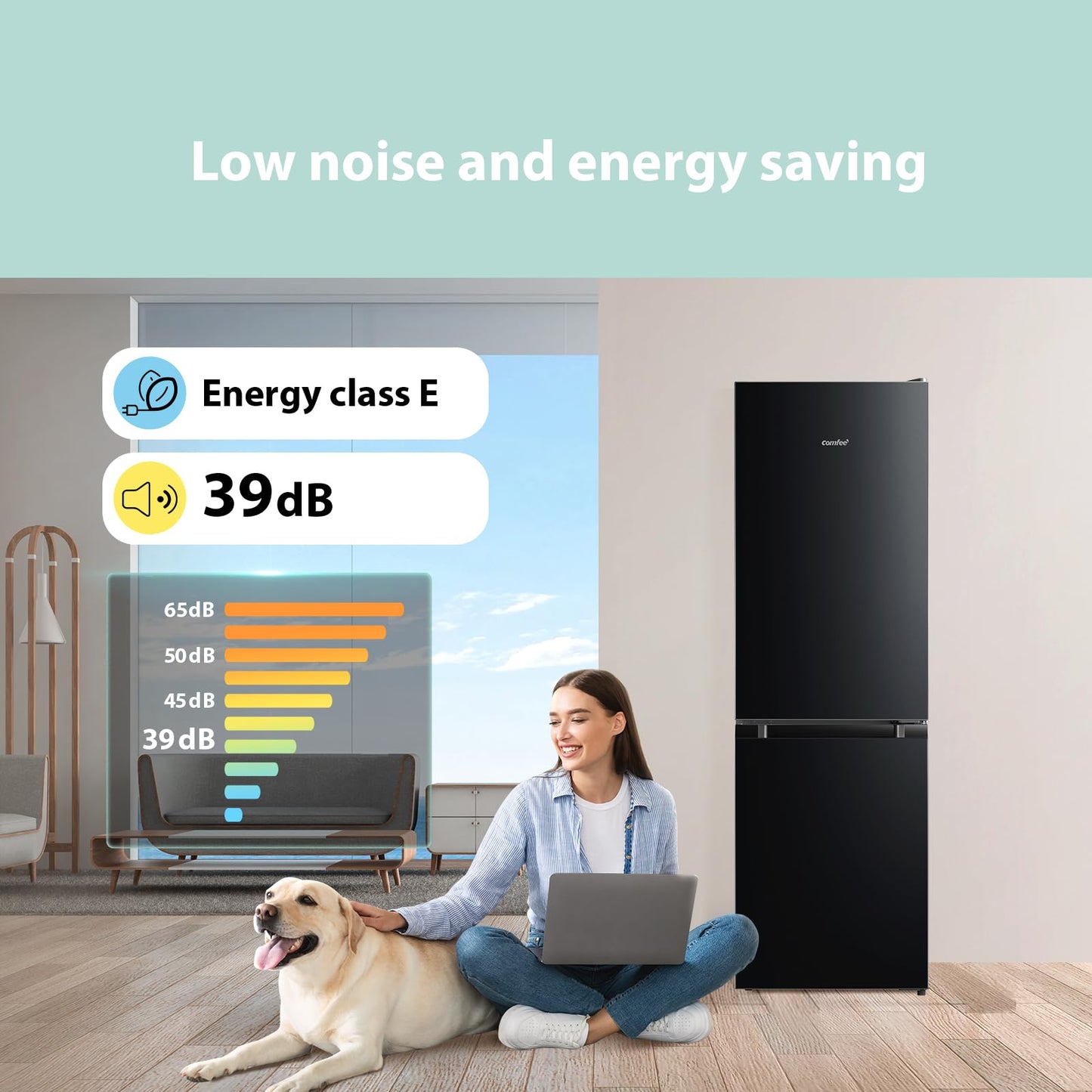 COMFEE' RCB169BL2UK(E) 174 Litre Freestanding Fridge Freezer, Low Frost, Adjustable thermostat, Energy Saving LED lights, Reversible Door Hinge, Low Noise- Black
