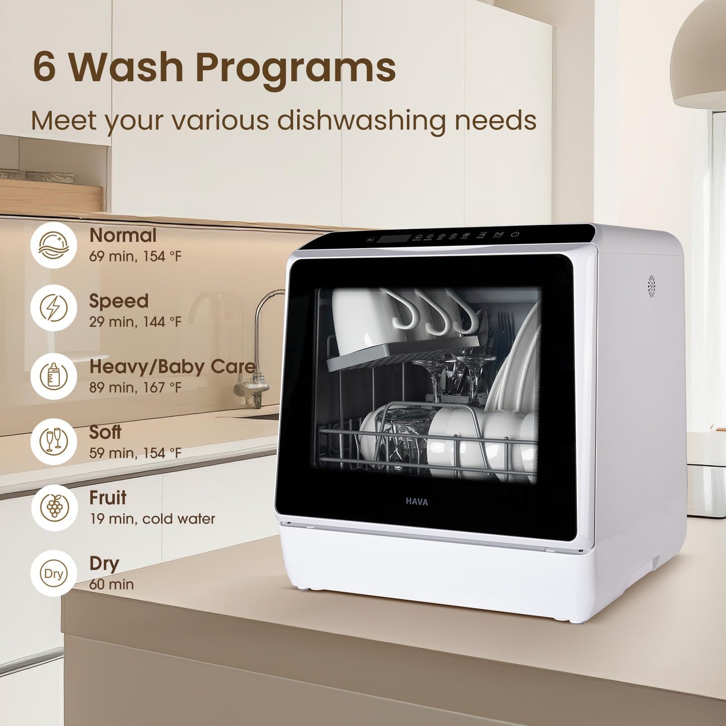 HAVA Table Top Dishwasher, Mini Countertop Dishwasher with 6 Programmes and Built-in 5 Litre Water Tank, No Connection Required, Baby Supplies, and Air Drying Function for Homes and Motorhomes