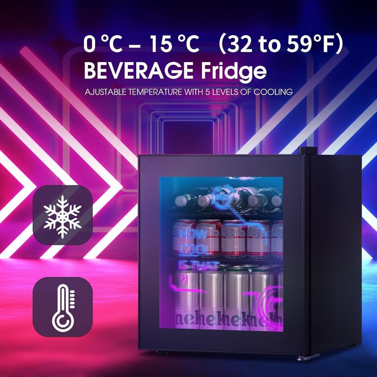 HCK 48L Mini Fridge with Glass Door, Quiet 39dB, Cyberpunk Beer Fridge with Modern LED Lighting, Drinks Fridges Gaming Refrigerators, 0-15°C Precise Control, for Bedrooms, Gaming Room, Parties, Black