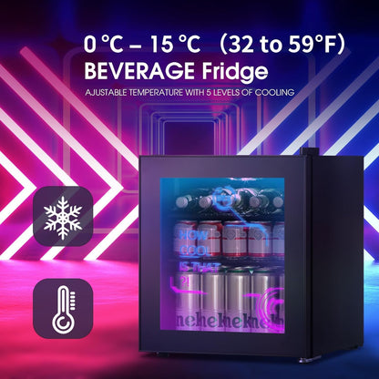 HCK 48L Mini Fridge with Glass Door, Quiet 39dB, Cyberpunk Beer Fridge with Modern LED Lighting, Drinks Fridges Gaming Refrigerators, 0-15°C Precise Control, for Bedrooms, Gaming Room, Parties, Black