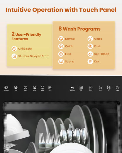 HAVA 2025 NEW Upgraded Table Top Dishwasher with Water Softener and Enhanced Energy Efficiency, Portable Dishwasher with 8 Wash Programs, Child Lock & Delayed Start Function, No Installation Needed