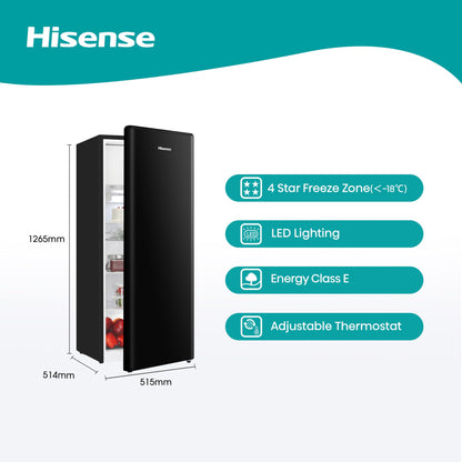 Hisense RR220D4BBE 52cm Freestanding Retro Fridge - 165-litre capacity with 4 star Ice box - Auto Defrost - Wine Rack - Black- E Rated, H128 x W51.9 x D51.3