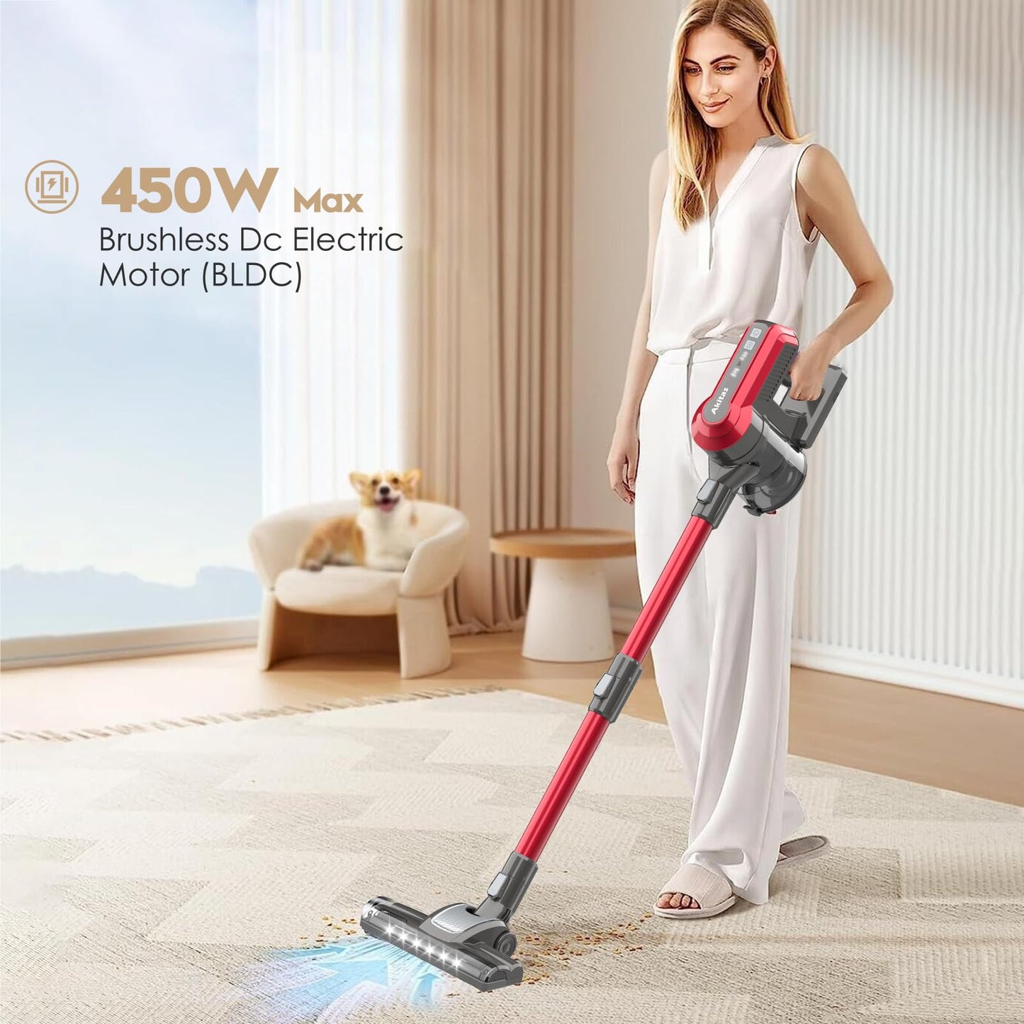 Akitas V10 30v 450W Max 50 Mins 3 Speed Cordless Vacuum Cleaner Upright Handheld Stick Lightweight Brushless Digital Control Motor Rechargeable Lithium Battery Good For Carpet Pet Hair