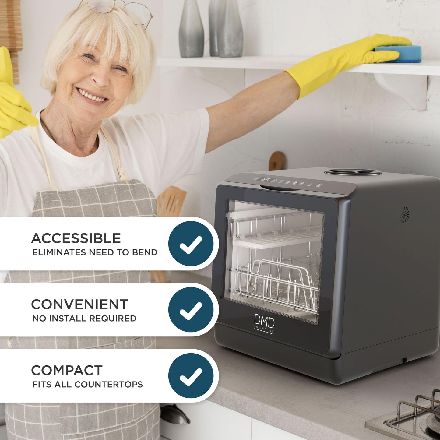 DMD Collective – Mini Table Top Dishwasher, Touch Screen Countertop Dishwasher, 5L Built-in Water Tank No Plumbing, with Touch Control, LED Display, Drying Cycle & Fruit Wash