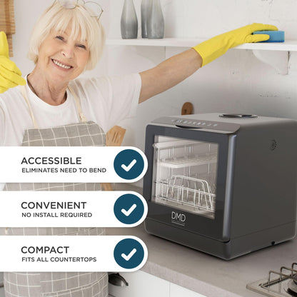 DMD Collective – Mini Table Top Dishwasher, Touch Screen Countertop Dishwasher, 5L Built-in Water Tank No Plumbing, with Touch Control, LED Display, Drying Cycle & Fruit Wash