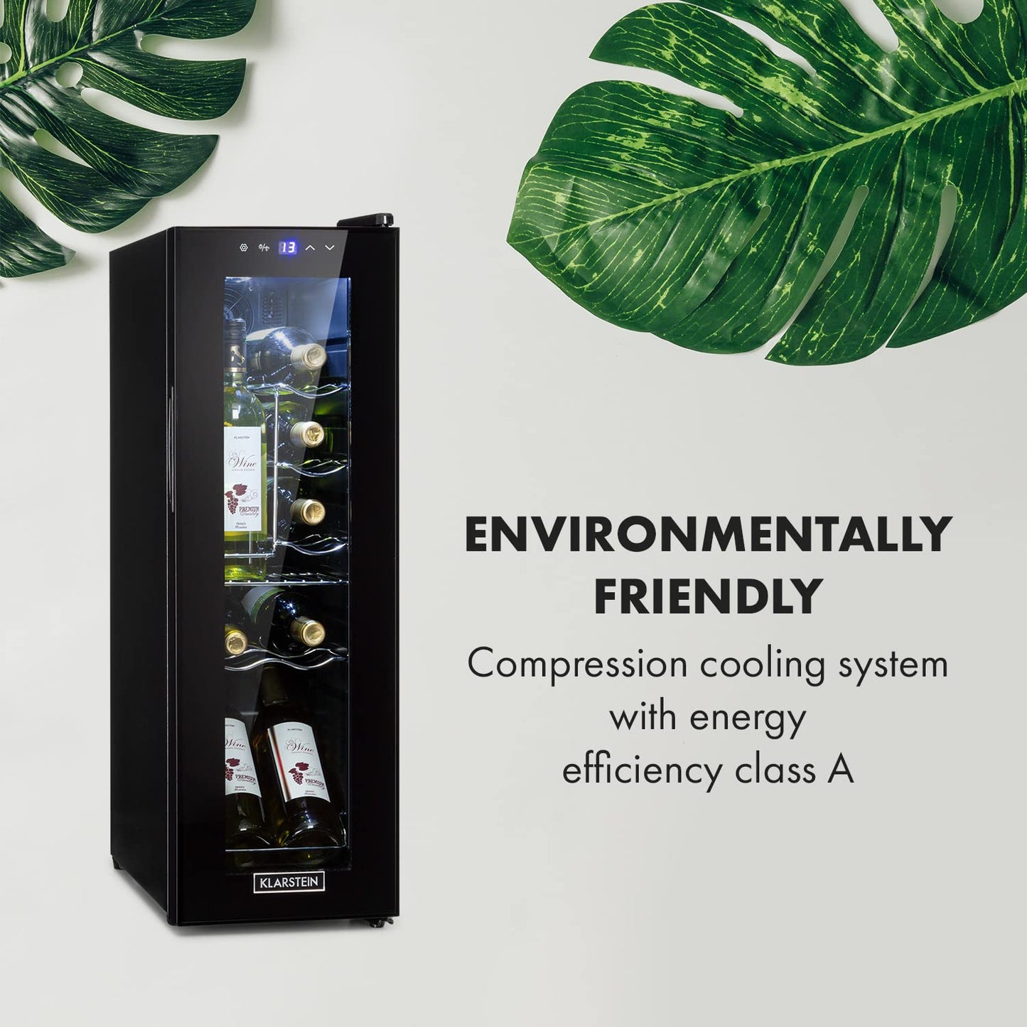 KLARSTEIN Free-standing Wine Cooler Fridge, Single Zone Wine Fridge with Glass Door, 32L Slimline Drinks for Home Pub, Indoor/Outdoor Bar Fridge, 12 Bottles