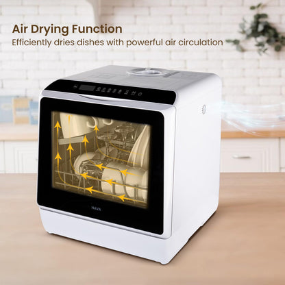 HAVA Table Top Dishwasher, Mini Countertop Dishwasher with 6 Programmes and Built-in 5 Litre Water Tank, No Connection Required, Baby Supplies, and Air Drying Function for Homes and Motorhomes
