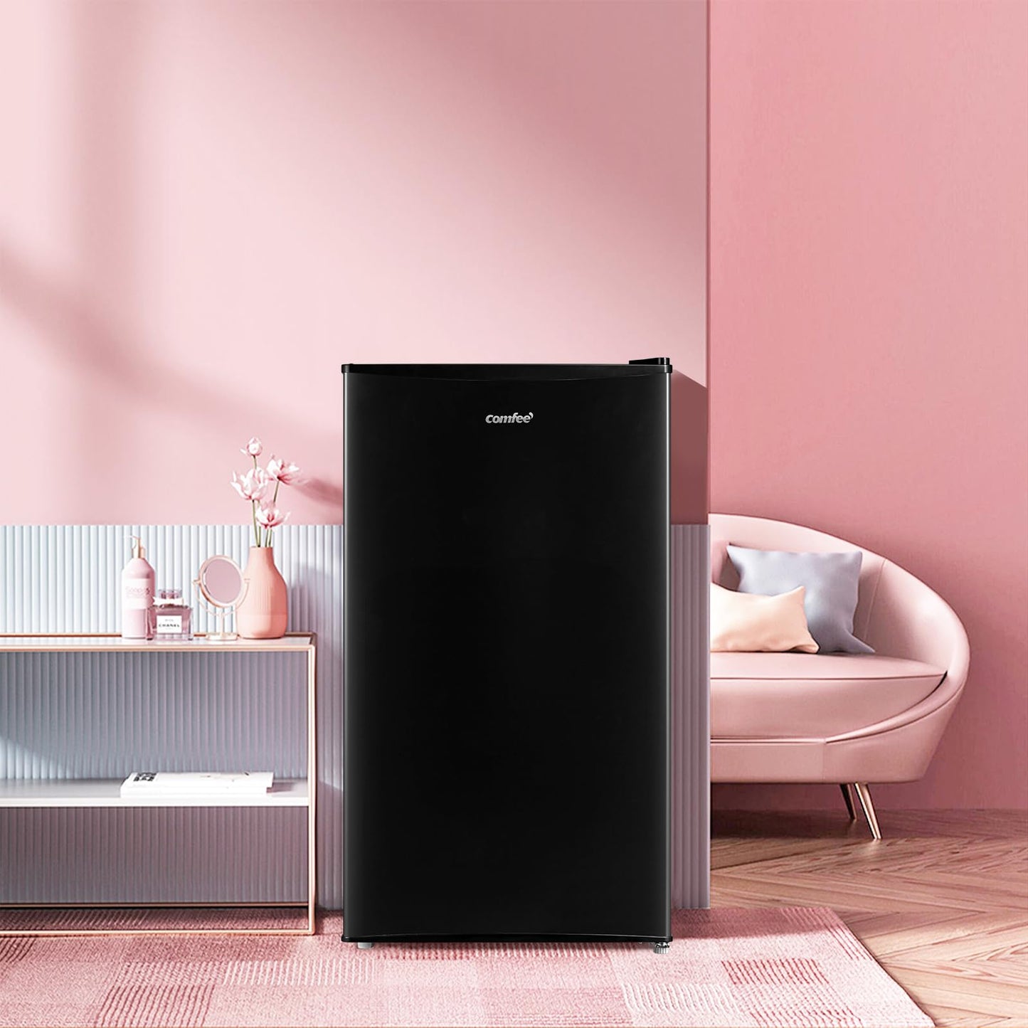 COMFEE' RCD93BL2(E) Under Counter Fridge, 93L Small Fridge with Cooler Box, Interior Light, Removable Glass Shelf, Reversible Door Hinge, Adjustable Legs, Standard Refrigerator Black