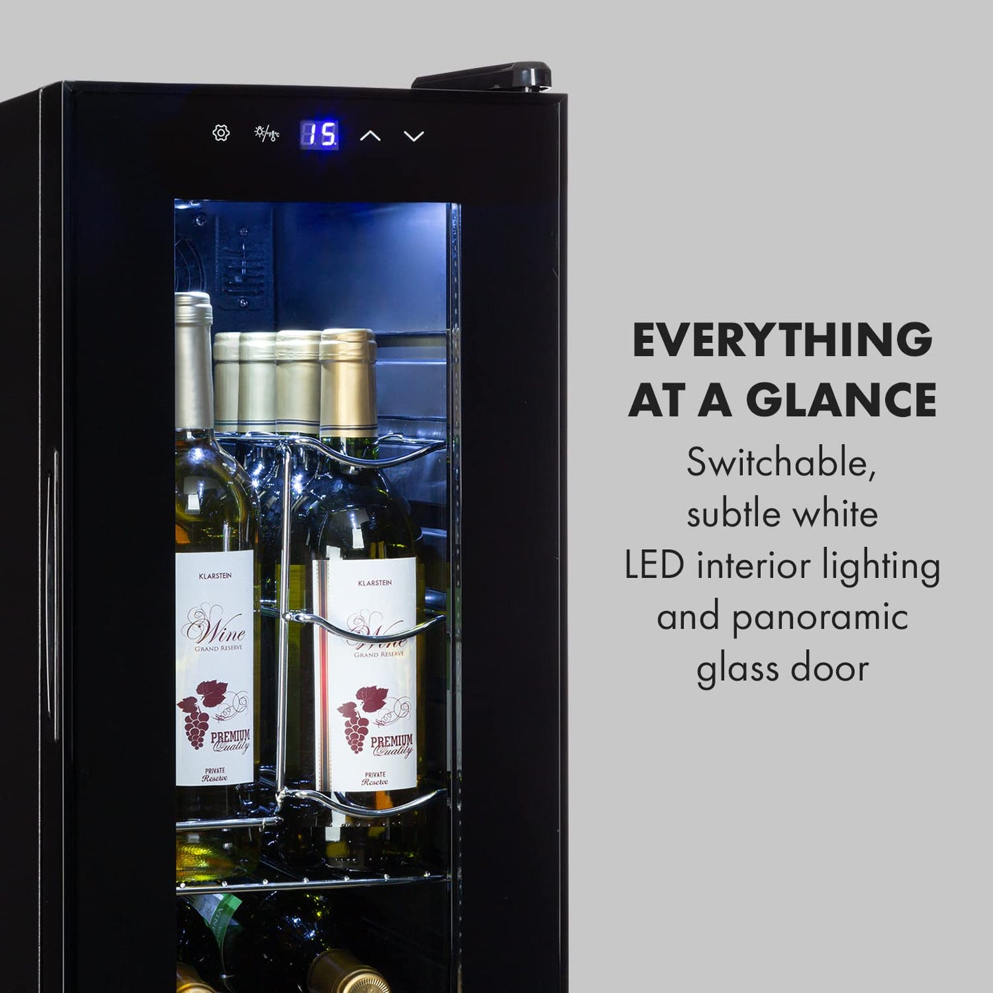 KLARSTEIN Free-standing Wine Cooler Fridge, Single Zone Wine Fridge with Glass Door, 32L Slimline Drinks for Home Pub, Indoor/Outdoor Bar Fridge, 12 Bottles