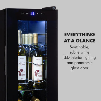 KLARSTEIN Free-standing Wine Cooler Fridge, Single Zone Wine Fridge with Glass Door, 32L Slimline Drinks for Home Pub, Indoor/Outdoor Bar Fridge, 12 Bottles