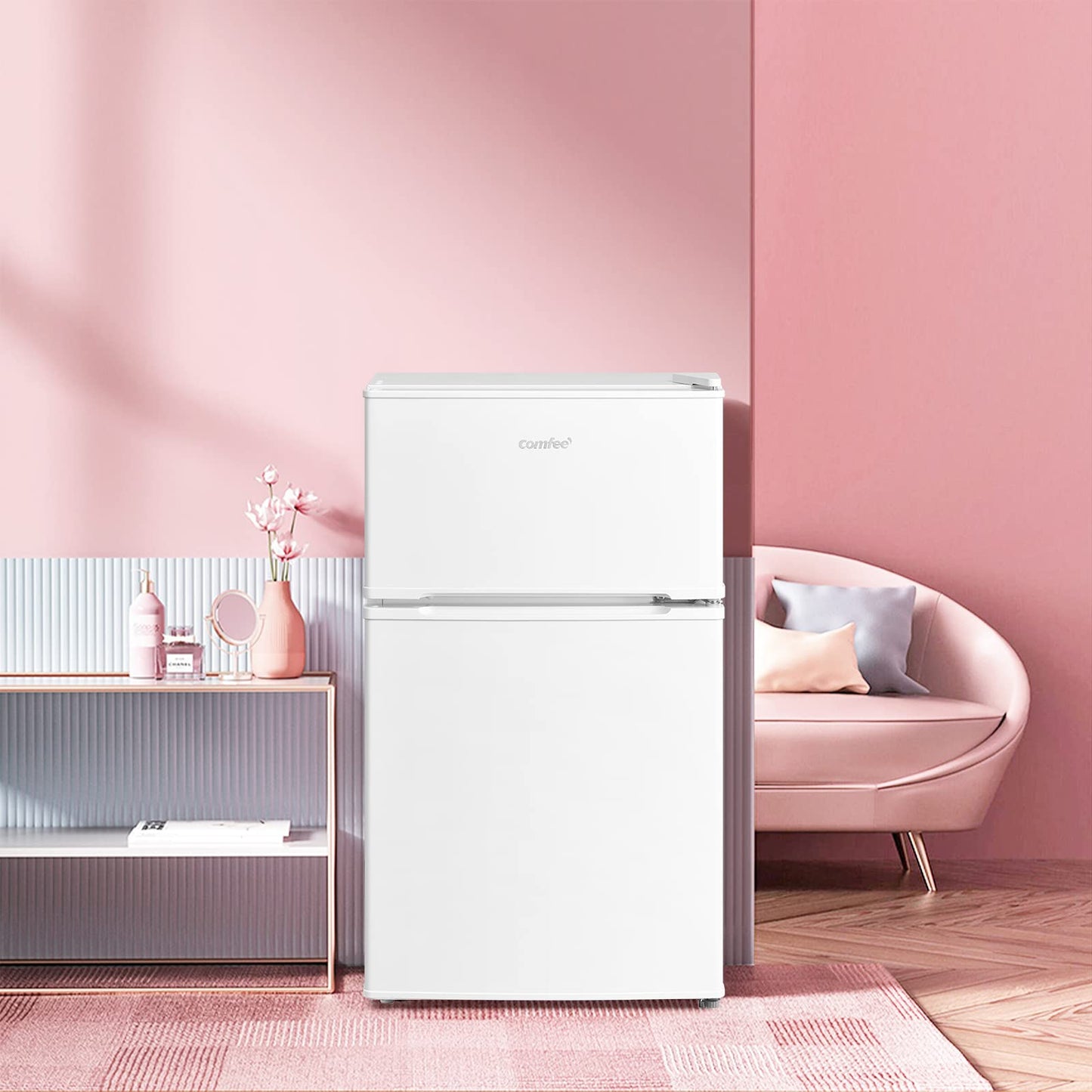 COMFEE' RCT87WH2(E) 87L Under Counter Fridge Freezer, Interior Light, Adjustable Shelves, Reversible Door, Low Noise, White