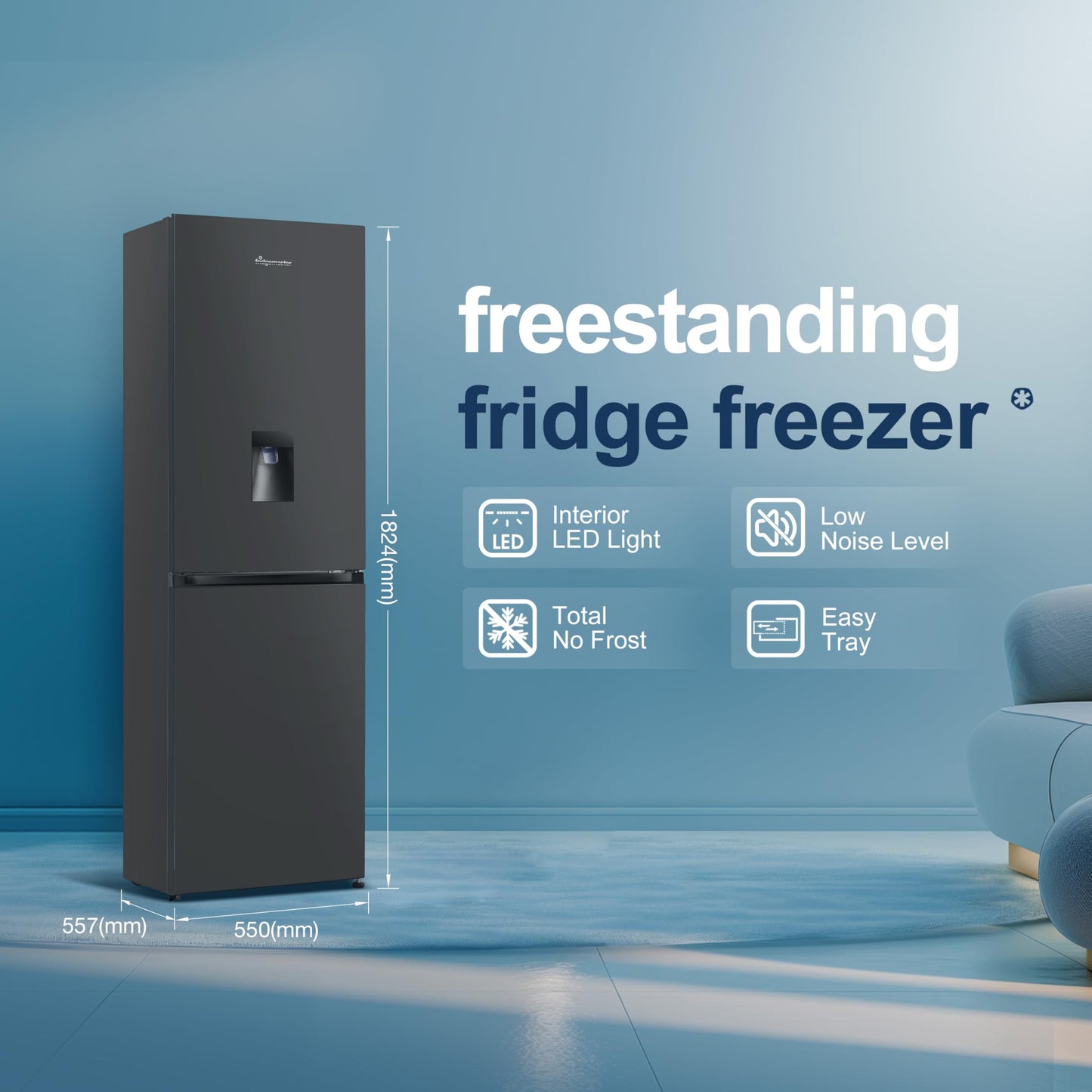 Fridgemaster MC55251DEB 55cm Freestanding 256 litre 50/50 Fridge Freezer with Non-plumbed Water Dispenser - Frost Free - LED Lighting- 4 Star Freezer Rating -Black - E Rated, H182.4 x W55 x D55.7 (cm)