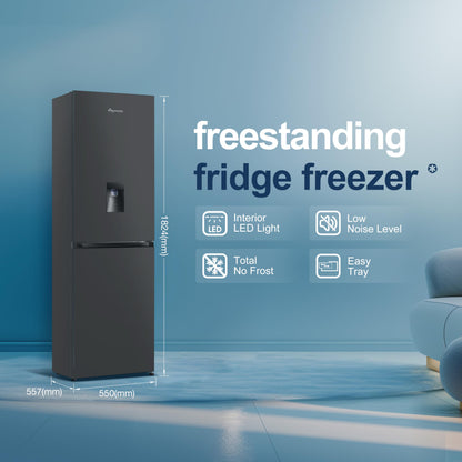 Fridgemaster MC55251DEB 55cm Freestanding 256 litre 50/50 Fridge Freezer with Non-plumbed Water Dispenser - Frost Free - LED Lighting- 4 Star Freezer Rating -Black - E Rated, H182.4 x W55 x D55.7 (cm)