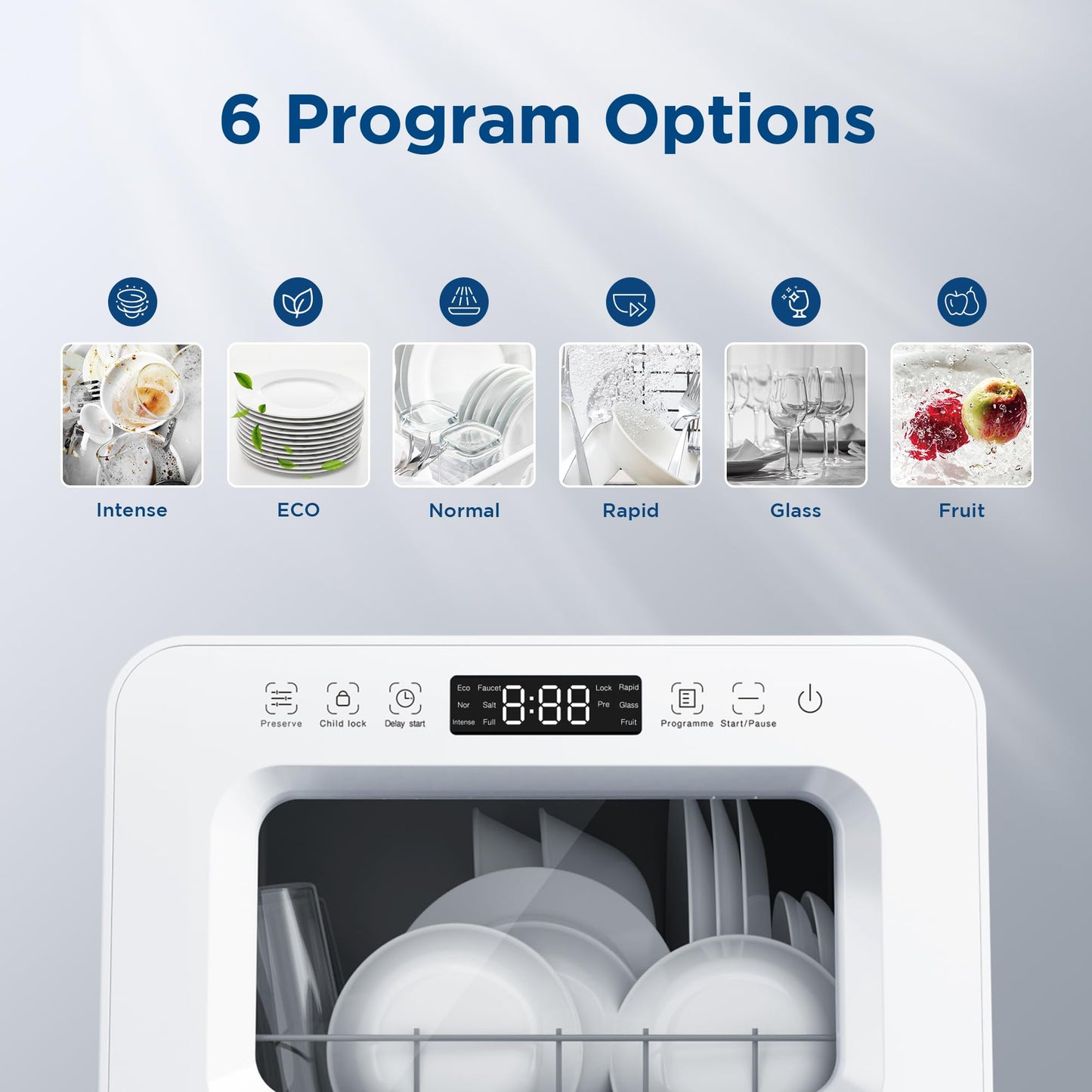 Gudsunal Table Top Dishwasher Countertop, 7L Detachable Water Tank, 6 Programs,No Hookup Needed, 192℉ HI-Temp Hygiene, Hybrid Drying & Preserve Fuction, Mini Dishwasher for RV & Apartment,White