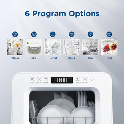 Gudsunal Table Top Dishwasher Countertop, 7L Detachable Water Tank, 6 Programs,No Hookup Needed, 192℉ HI-Temp Hygiene, Hybrid Drying & Preserve Fuction, Mini Dishwasher for RV & Apartment,White