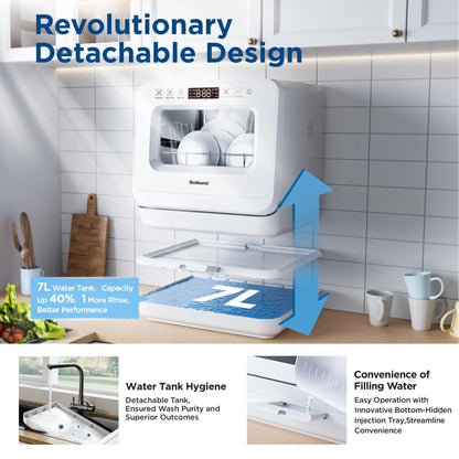 Gudsunal Table Top Dishwasher Countertop, 7L Detachable Water Tank, 6 Programs,No Hookup Needed, 192℉ HI-Temp Hygiene, Hybrid Drying & Preserve Fuction, Mini Dishwasher for RV & Apartment,White