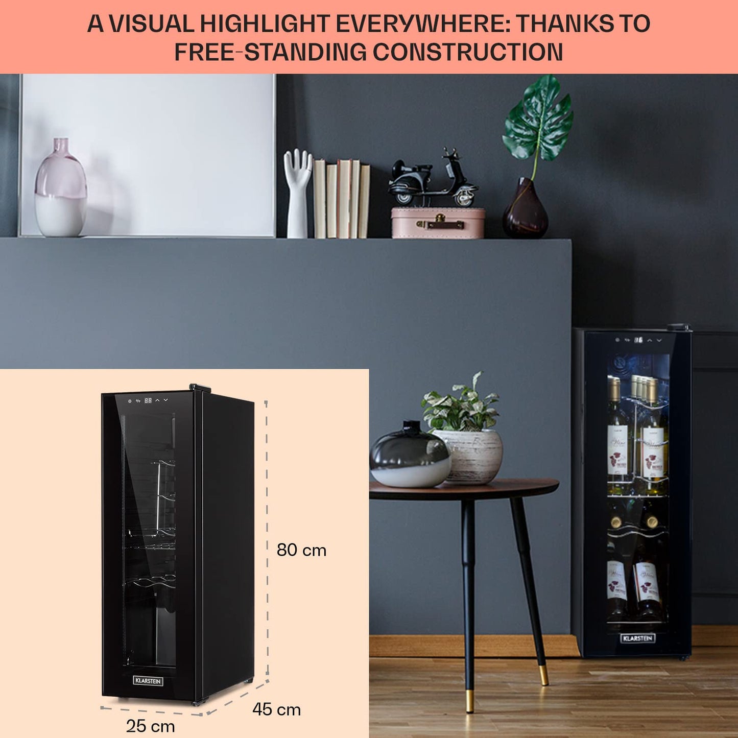 KLARSTEIN Free-standing Wine Cooler Fridge, Single Zone Wine Fridge with Glass Door, 32L Slimline Drinks for Home Pub, Indoor/Outdoor Bar Fridge, 12 Bottles