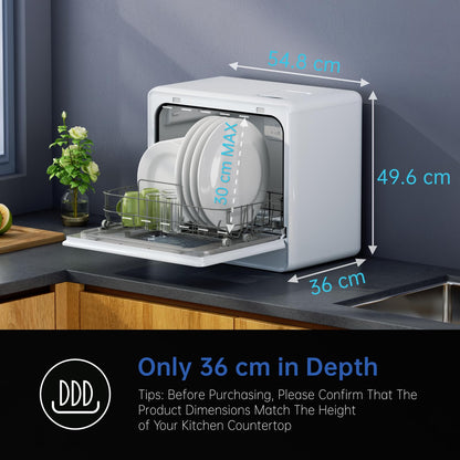 AIRMSEN 2025 NEW Upgraded Table Top Dishwasher with Soft Water Salt Function, Portable Countertop Dishwasher with 9 Programs & 5L Tank, 2-12H Delay Start & 360° Triple Spray Arms, White