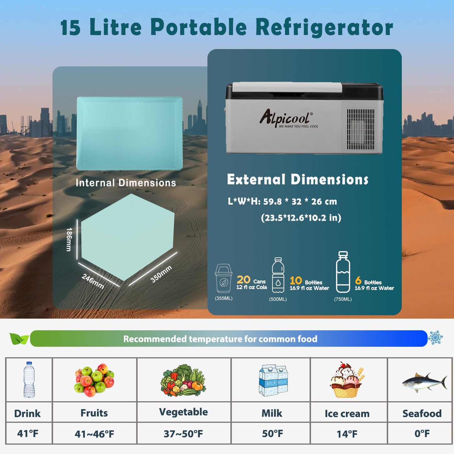Alpicool EC15 15L Compressor Car Fridge Freezer, DC 12v Camping Refrigerator, Portable Mini Cool Box for TruckCampervanRVBoat, -20℃ to 20℃, Rechargeable(Battery not included)