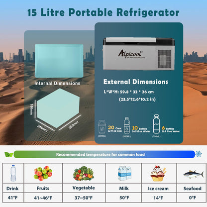 Alpicool EC15 15L Compressor Car Fridge Freezer, DC 12v Camping Refrigerator, Portable Mini Cool Box for TruckCampervanRVBoat, -20℃ to 20℃, Rechargeable(Battery not included)