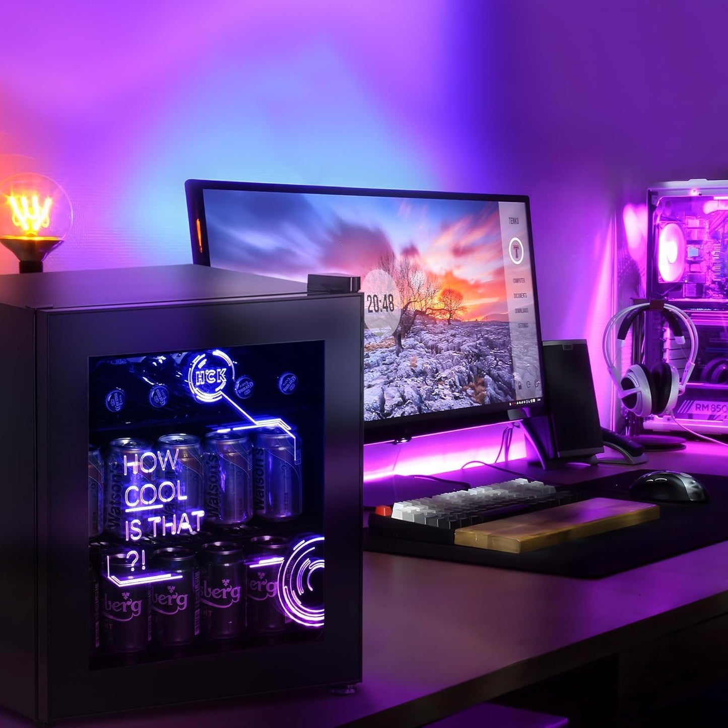 HCK 48L Mini Fridge with Glass Door, Quiet 39dB, Cyberpunk Beer Fridge with Modern LED Lighting, Drinks Fridges Gaming Refrigerators, 0-15°C Precise Control, for Bedrooms, Gaming Room, Parties, Black