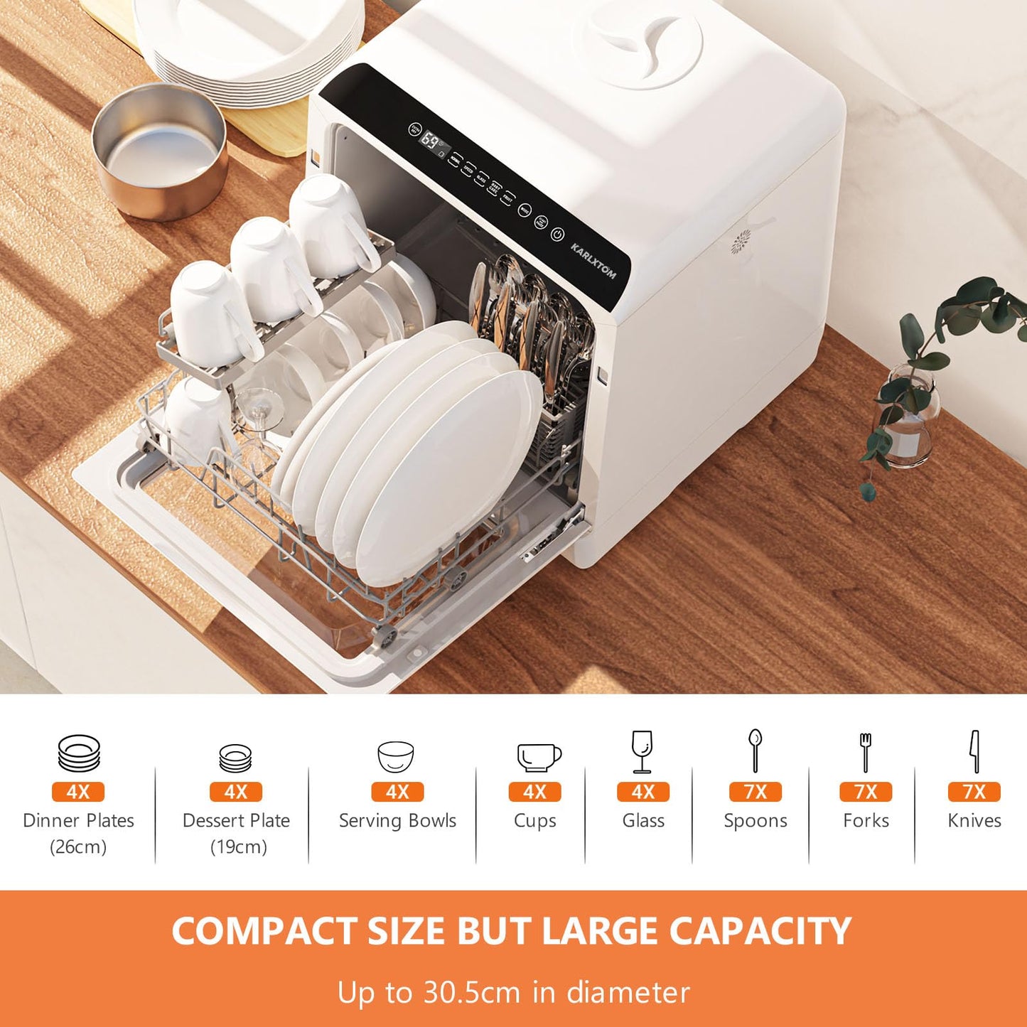 Karlxtom Table Top Dishwasher 6 Programs Mini Dishwasher with Touch Control, Auto-drying, Baby Care & Fruit Wash, Perfect for Small Families, Couples