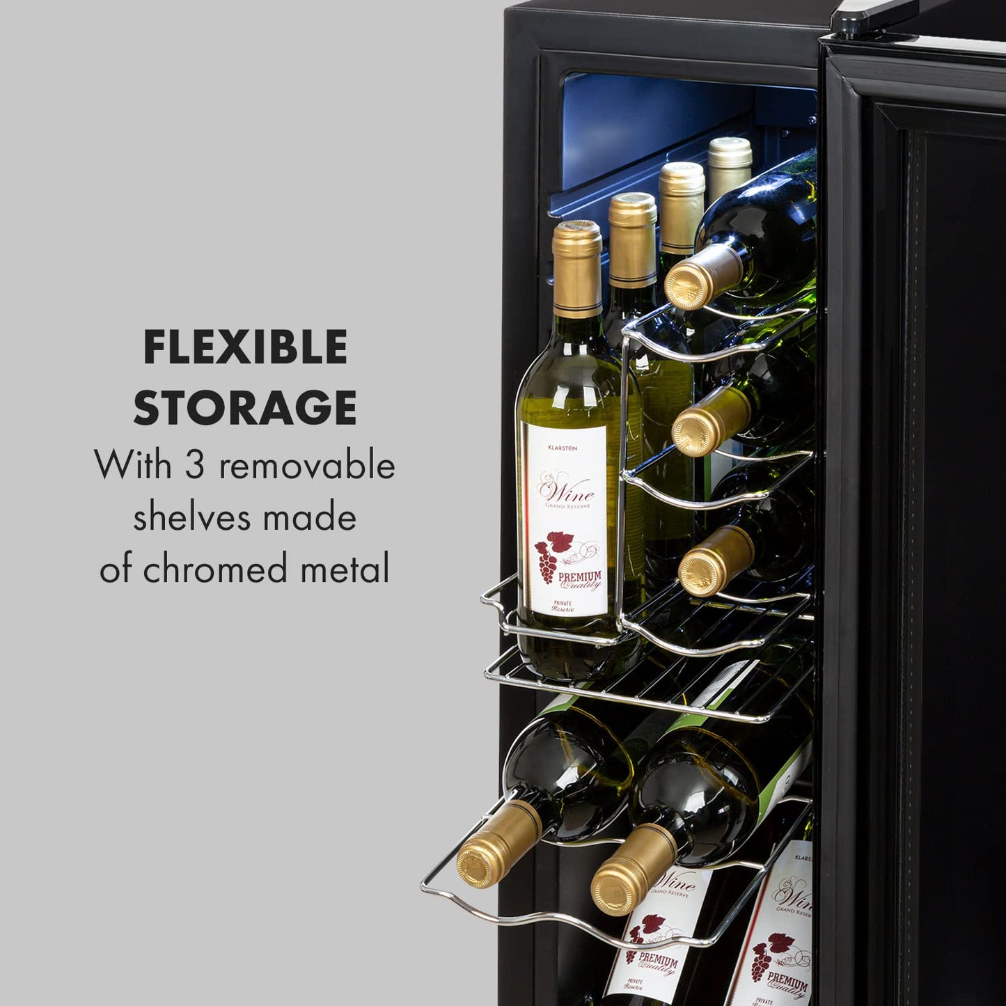 KLARSTEIN Free-standing Wine Cooler Fridge, Single Zone Wine Fridge with Glass Door, 32L Slimline Drinks for Home Pub, Indoor/Outdoor Bar Fridge, 12 Bottles
