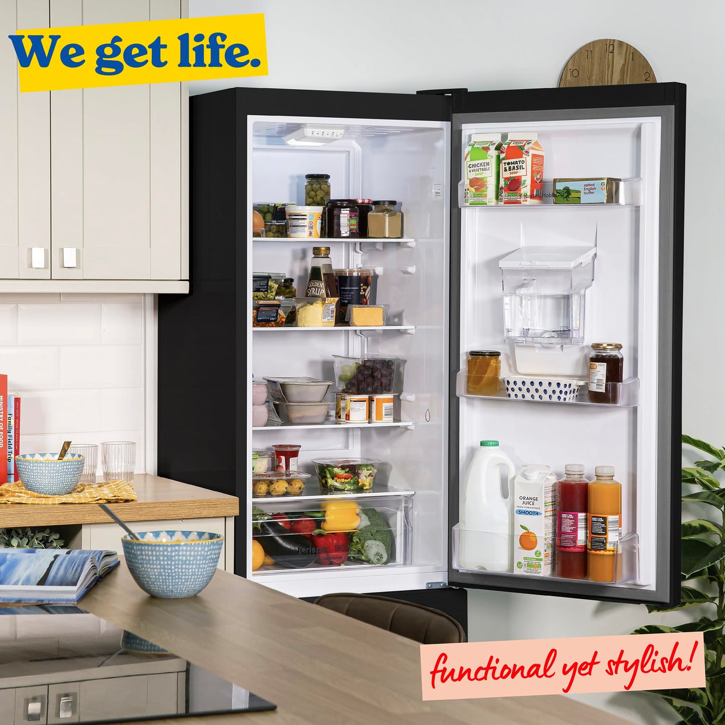 Russell Hobbs Fridge Freezer Freestanding Frost Free with Water Dispener Reversible Door, Adjustable Thermostat & Feet, 70/30 279L, 180cm High, LED Light, 2 Year Guarantee Black RH180FFFF551E1BWD
