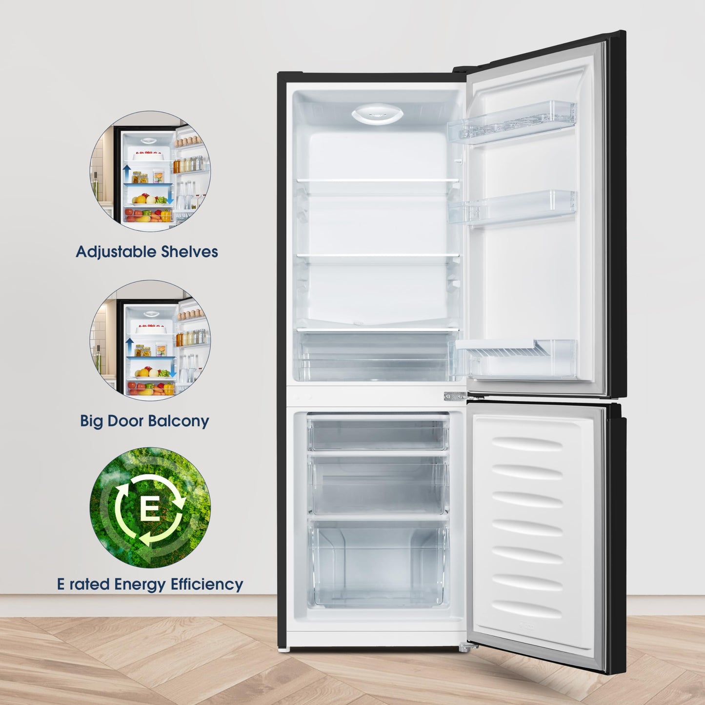 Fridgemaster MC50165EB 50cm Freestanding 60/40 Fridge Freezer - 175-litre capacity with Crisper box - Reversible Door - LED Lighting- 4 Star Freezer Rating - Black - E Rated