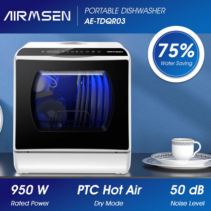 AIRMSEN Mini Table Top Dishwasher - Upgraded 6 Programs Portable Countertop Dishwasher No Plumbing with 2 Water Supply Modes for Kitchen Apartment Outdoor - with Baby Care Mode