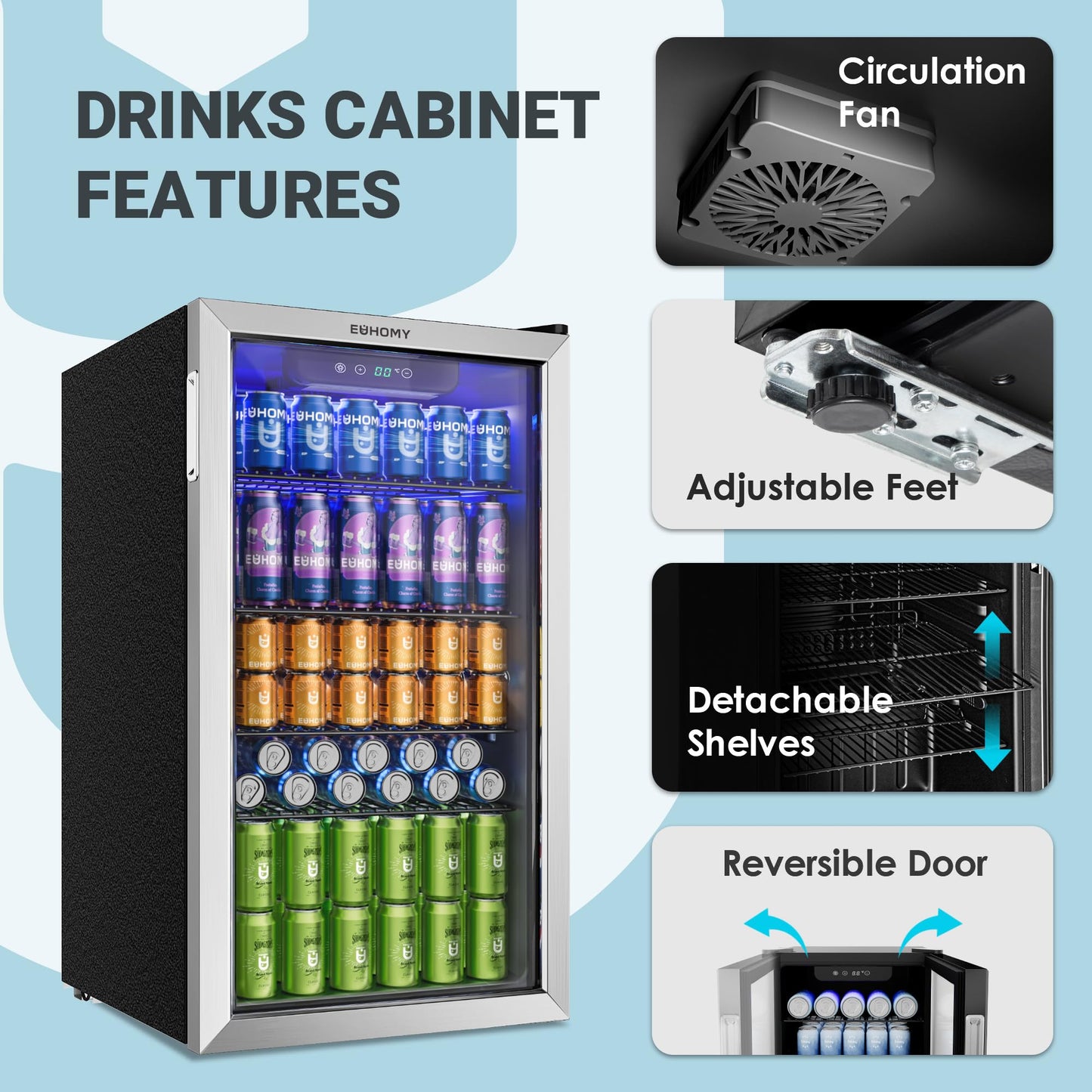 EUHOMY 90L Drinks Fridge, 126 Can Beer Fridge with Glass Door, Small Refrigerator with Adjustable Shelves for Soda Beer or Wine, Home/Bar/Office, Silver, Steel, One-Touch Control