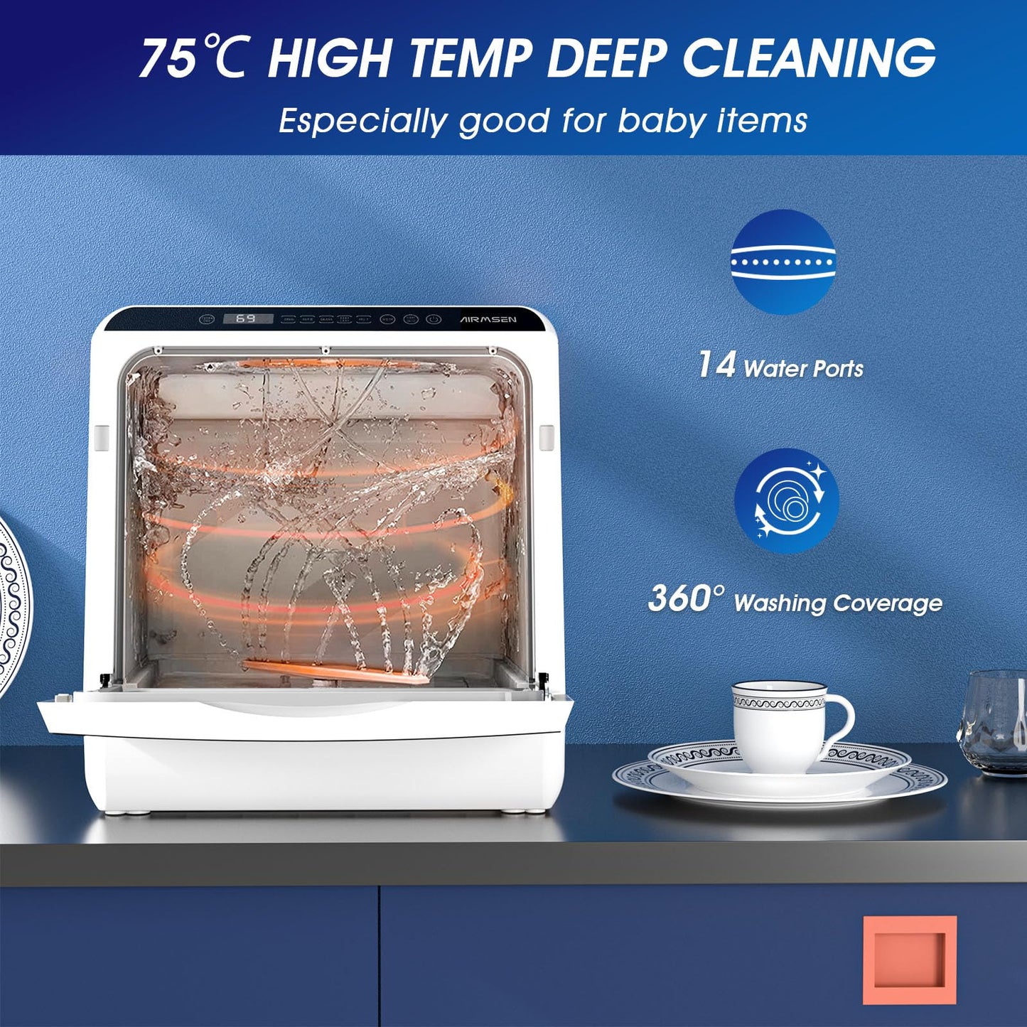 AIRMSEN Mini Table Top Dishwasher - Upgraded 6 Programs Portable Countertop Dishwasher No Plumbing with 2 Water Supply Modes for Kitchen Apartment Outdoor - with Baby Care Mode
