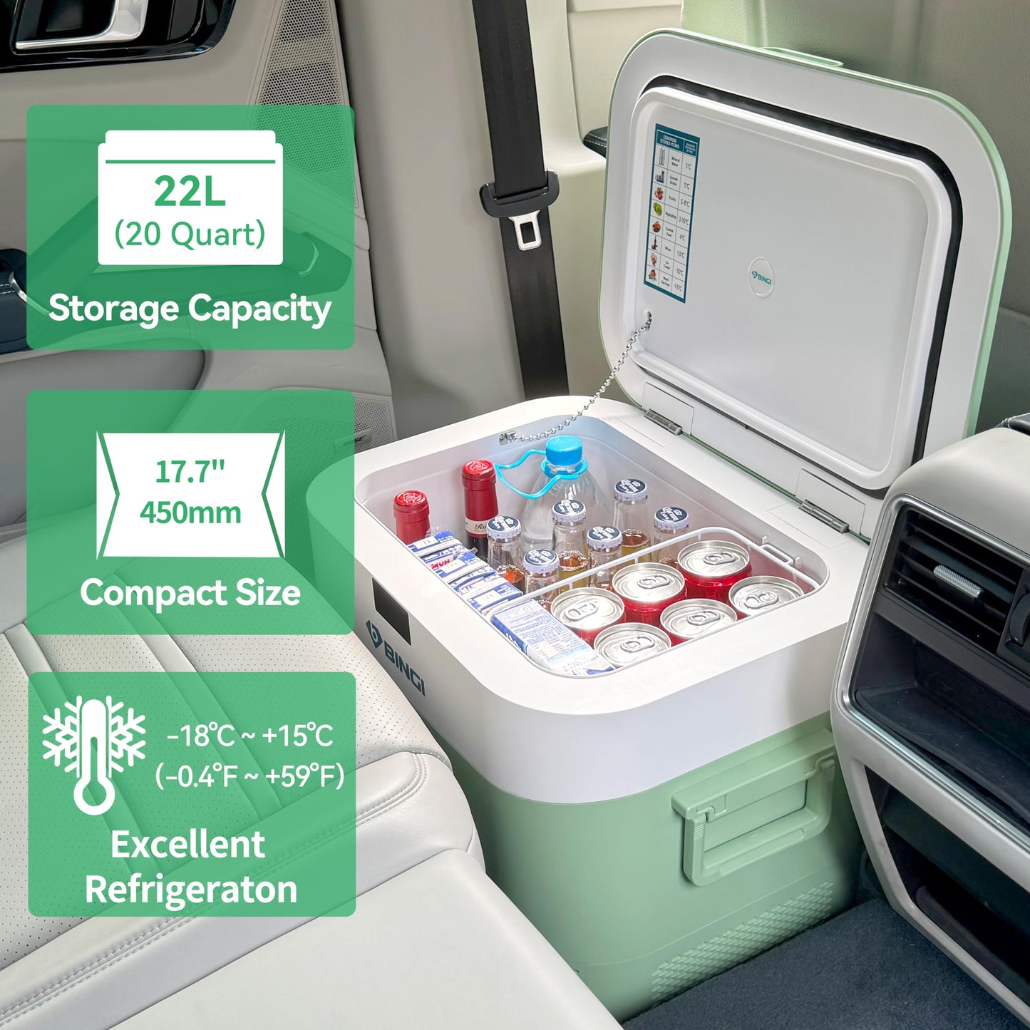 BINGI Portable Car Fridge Freezer 22L, 12V/24V DC & 100-240V AC Dual Power, -18℃ to 15℃ Adjustable Car Refrigerator, Cooler Box for Camping Campervan, Travel, RV, Truck, Picnic, Boat