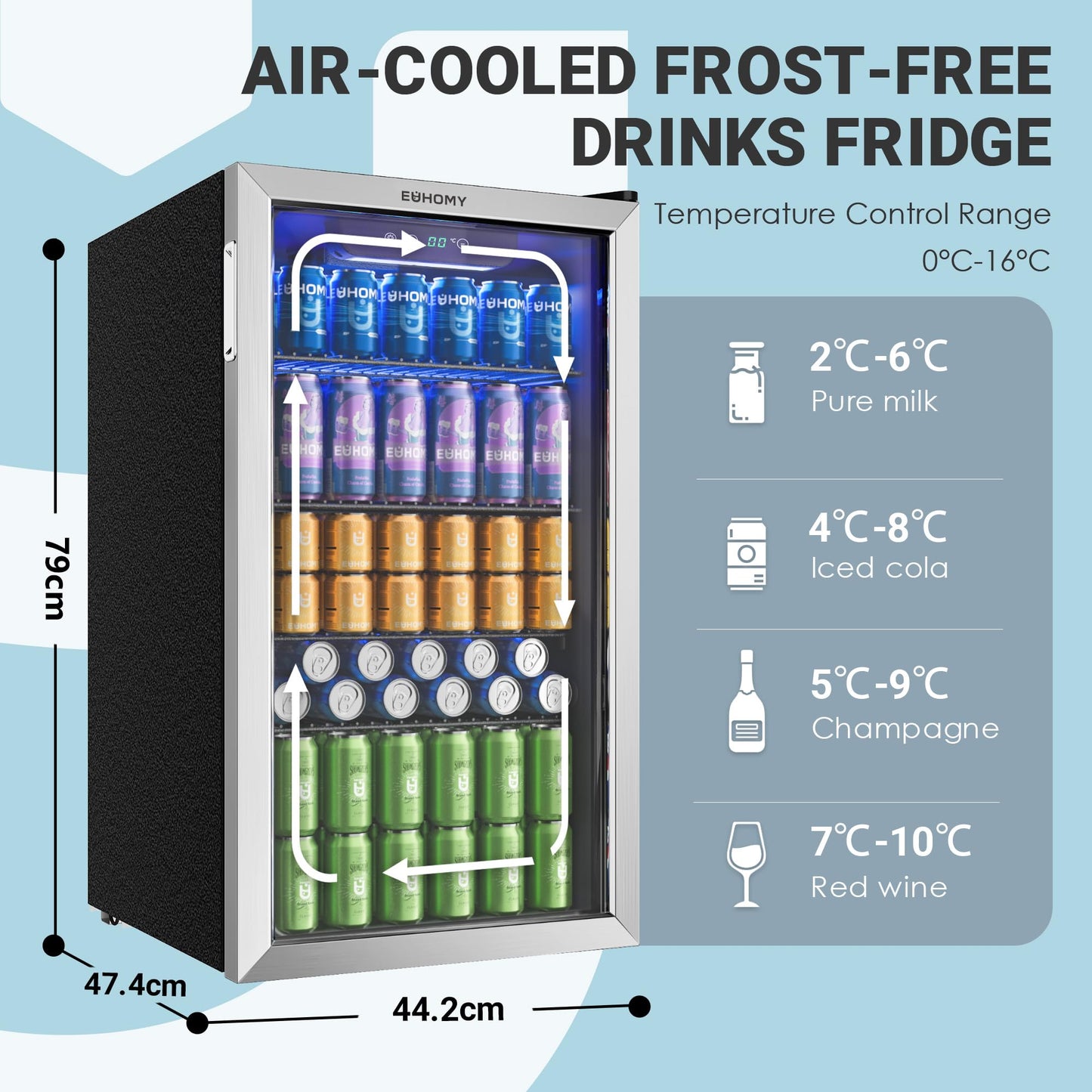 EUHOMY 90L Drinks Fridge, 126 Can Beer Fridge with Glass Door, Small Refrigerator with Adjustable Shelves for Soda Beer or Wine, Home/Bar/Office, Silver, Steel, One-Touch Control