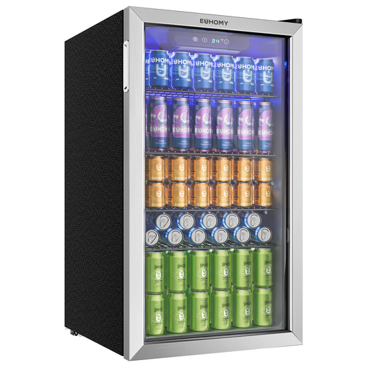 EUHOMY 90L Drinks Fridge, 126 Can Beer Fridge with Glass Door, Small Refrigerator with Adjustable Shelves for Soda Beer or Wine, Home/Bar/Office, Silver, Steel, One-Touch Control