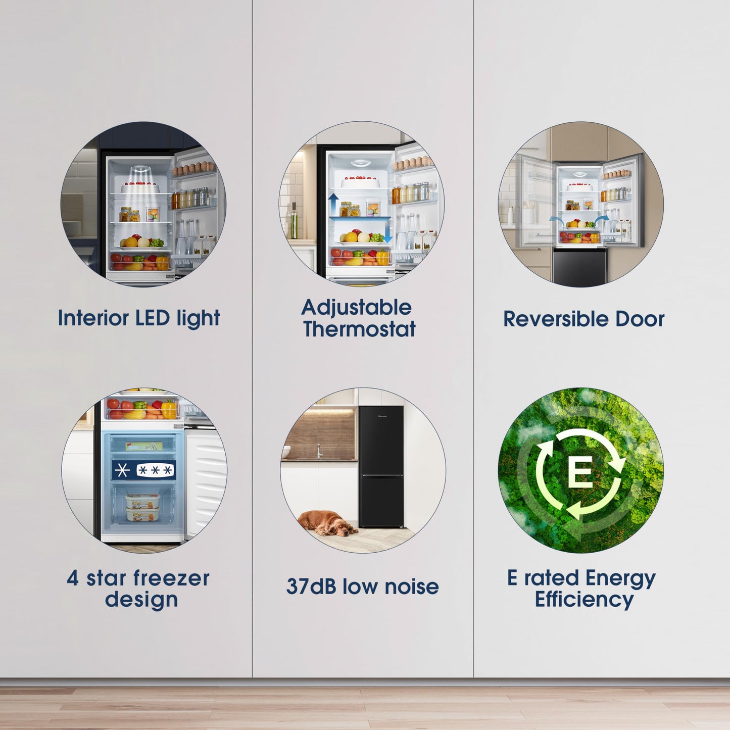 Fridgemaster MC50165EB 50cm Freestanding 60/40 Fridge Freezer - 175-litre capacity with Crisper box - Reversible Door - LED Lighting- 4 Star Freezer Rating - Black - E Rated