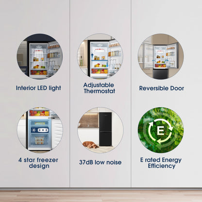 Fridgemaster MC50165EB 50cm Freestanding 60/40 Fridge Freezer - 175-litre capacity with Crisper box - Reversible Door - LED Lighting- 4 Star Freezer Rating - Black - E Rated