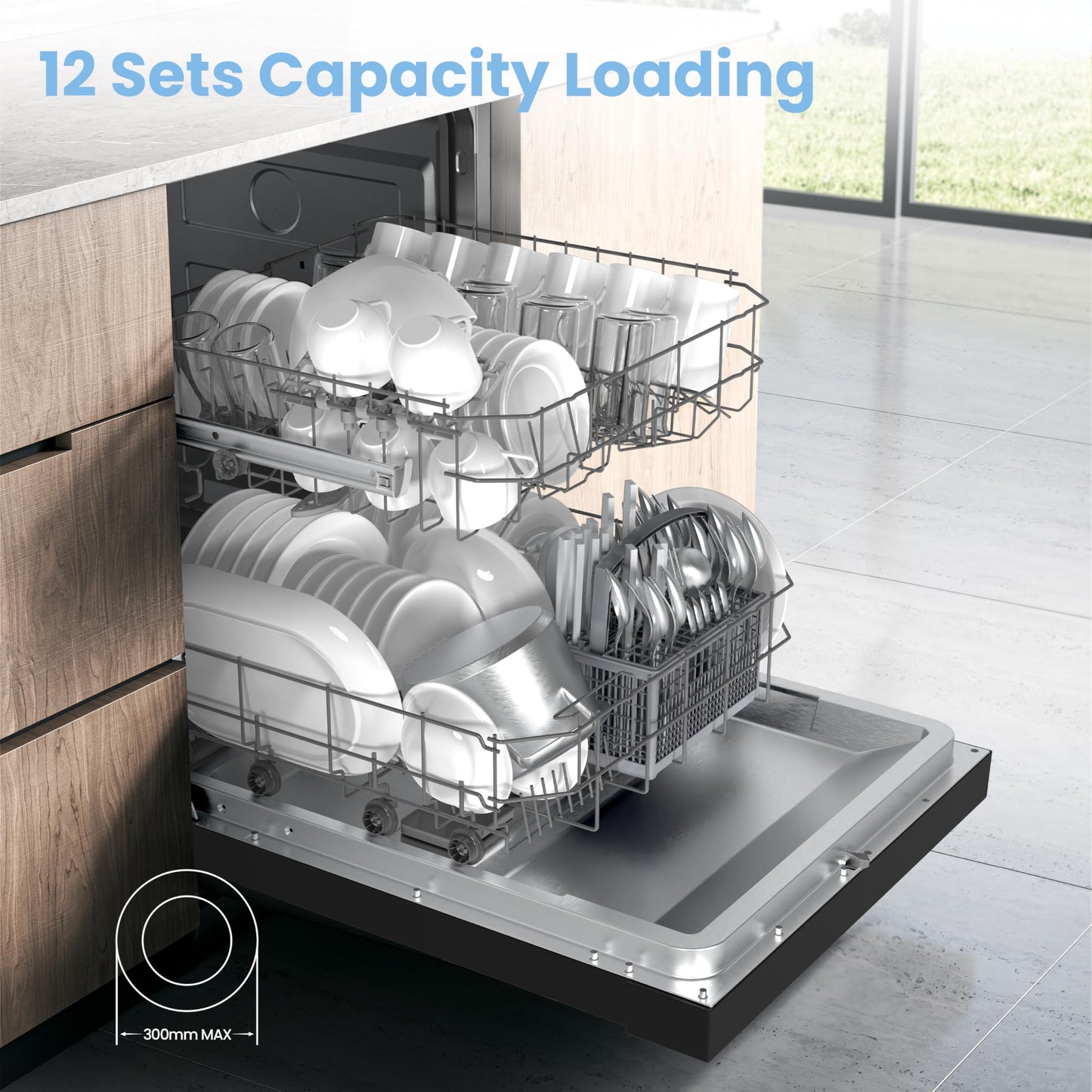 COMFEE' Freestanding Dishwasher CDWPF1201PB-UK 60cm Width, Full Size Dishwasher with 12 place settings, Quick Wash, Hygiene Wash, Delay Start, Half Load - Black