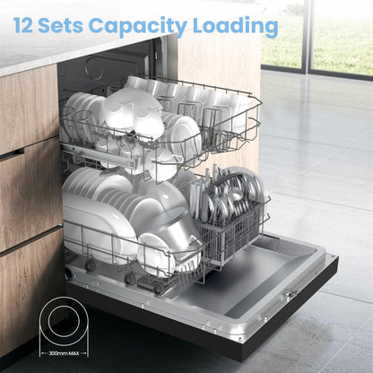 COMFEE' Freestanding Dishwasher CDWPF1201PB-UK 60cm Width, Full Size Dishwasher with 12 place settings, Quick Wash, Hygiene Wash, Delay Start, Half Load - Black
