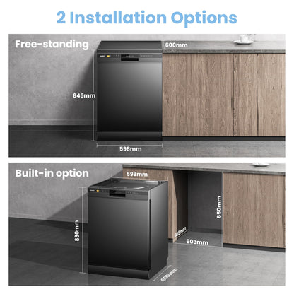 COMFEE' Freestanding Dishwasher CDWPF1201PB-UK 60cm Width, Full Size Dishwasher with 12 place settings, Quick Wash, Hygiene Wash, Delay Start, Half Load - Black