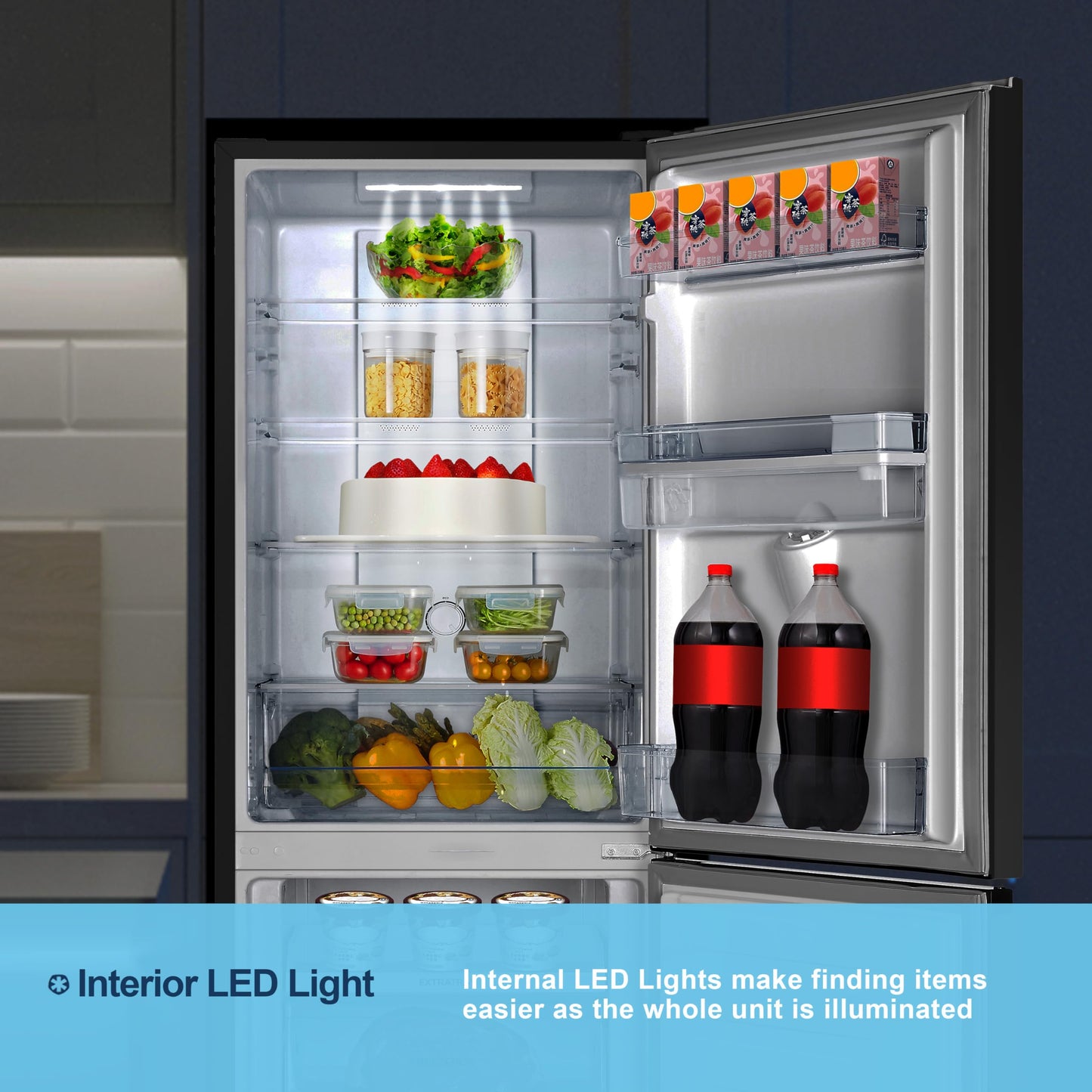Fridgemaster MC55251DEB 55cm Freestanding 256 litre 50/50 Fridge Freezer with Non-plumbed Water Dispenser - Frost Free - LED Lighting- 4 Star Freezer Rating -Black - E Rated, H182.4 x W55 x D55.7 (cm)