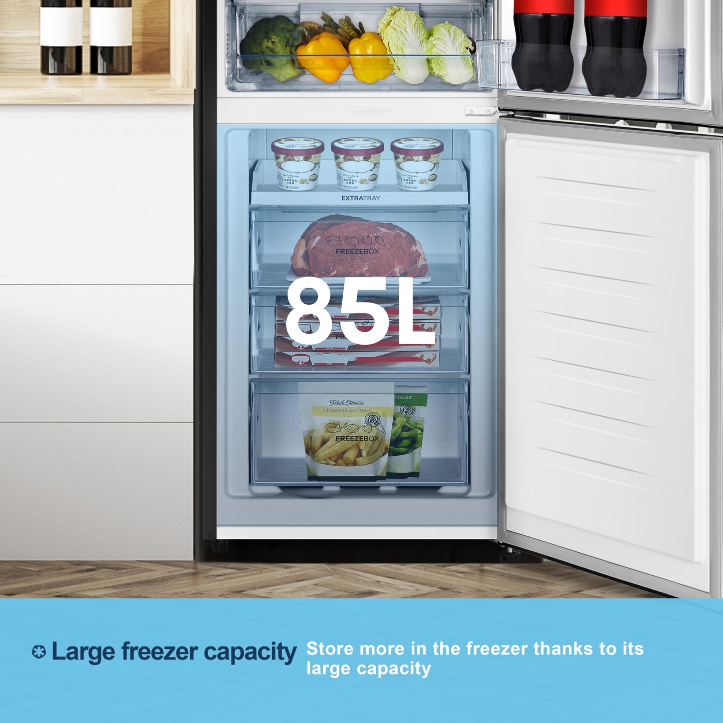 Fridgemaster MC55251DEB 55cm Freestanding 256 litre 50/50 Fridge Freezer with Non-plumbed Water Dispenser - Frost Free - LED Lighting- 4 Star Freezer Rating -Black - E Rated, H182.4 x W55 x D55.7 (cm)