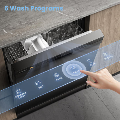 COMFEE' Freestanding Dishwasher CDWPF1201PB-UK 60cm Width, Full Size Dishwasher with 12 place settings, Quick Wash, Hygiene Wash, Delay Start, Half Load - Black