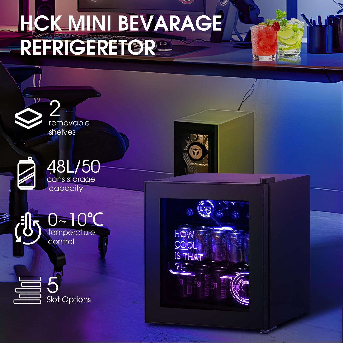 HCK 48L Mini Fridge with Glass Door, Quiet 39dB, Cyberpunk Beer Fridge with Modern LED Lighting, Drinks Fridges Gaming Refrigerators, 0-15°C Precise Control, for Bedrooms, Gaming Room, Parties, Black