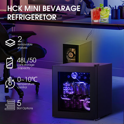 HCK 48L Mini Fridge with Glass Door, Quiet 39dB, Cyberpunk Beer Fridge with Modern LED Lighting, Drinks Fridges Gaming Refrigerators, 0-15°C Precise Control, for Bedrooms, Gaming Room, Parties, Black