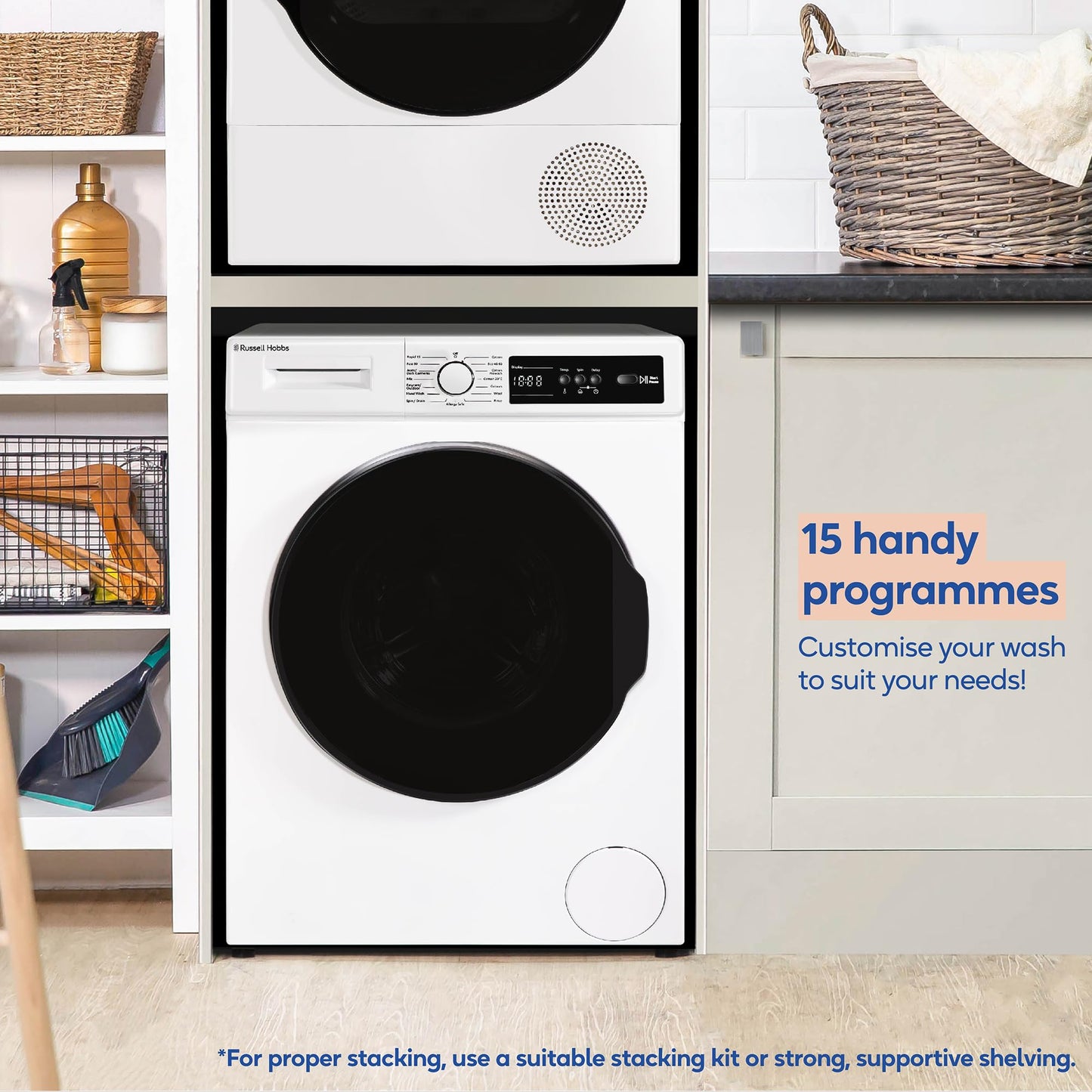 Russell Hobbs Freestanding Washing Machine, 8kg Capacity, 1400 rpm, 15 Programmes, Eco Technology, Rapid Wash Cycles, White, RH814W111W