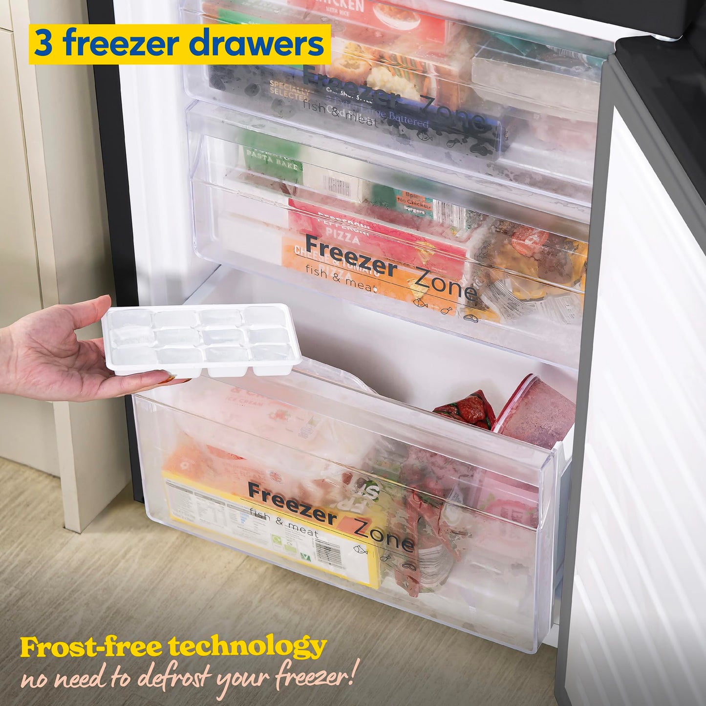 Russell Hobbs Fridge Freezer Freestanding Frost Free with Water Dispener Reversible Door, Adjustable Thermostat & Feet, 70/30 279L, 180cm High, LED Light, 2 Year Guarantee Black RH180FFFF551E1BWD